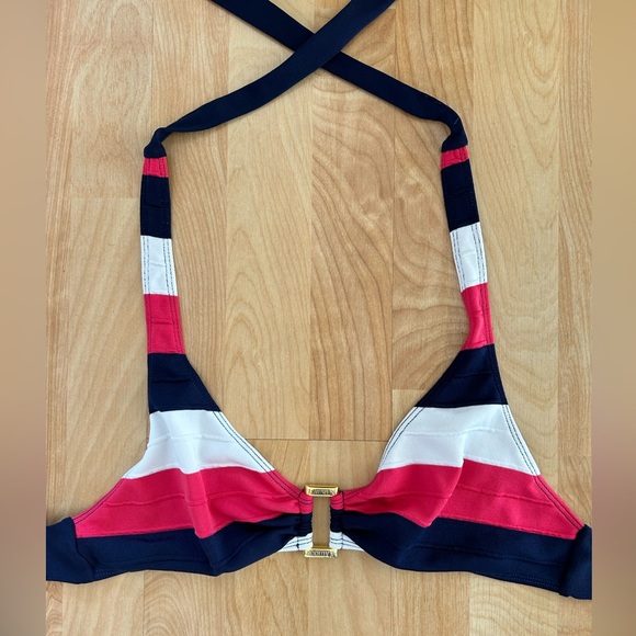 Lauren Ralph Lauren Navy White Red Striped Ring Halter Bikini Swim Top Size 12 - Picture 2 of 6